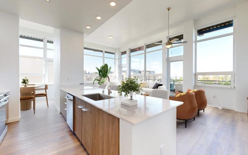 a kitchen and living room