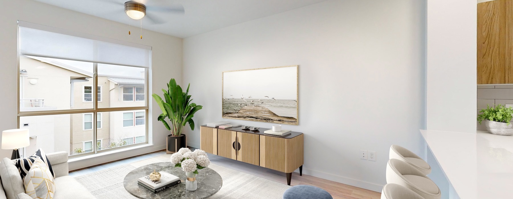 a living room with a large window
