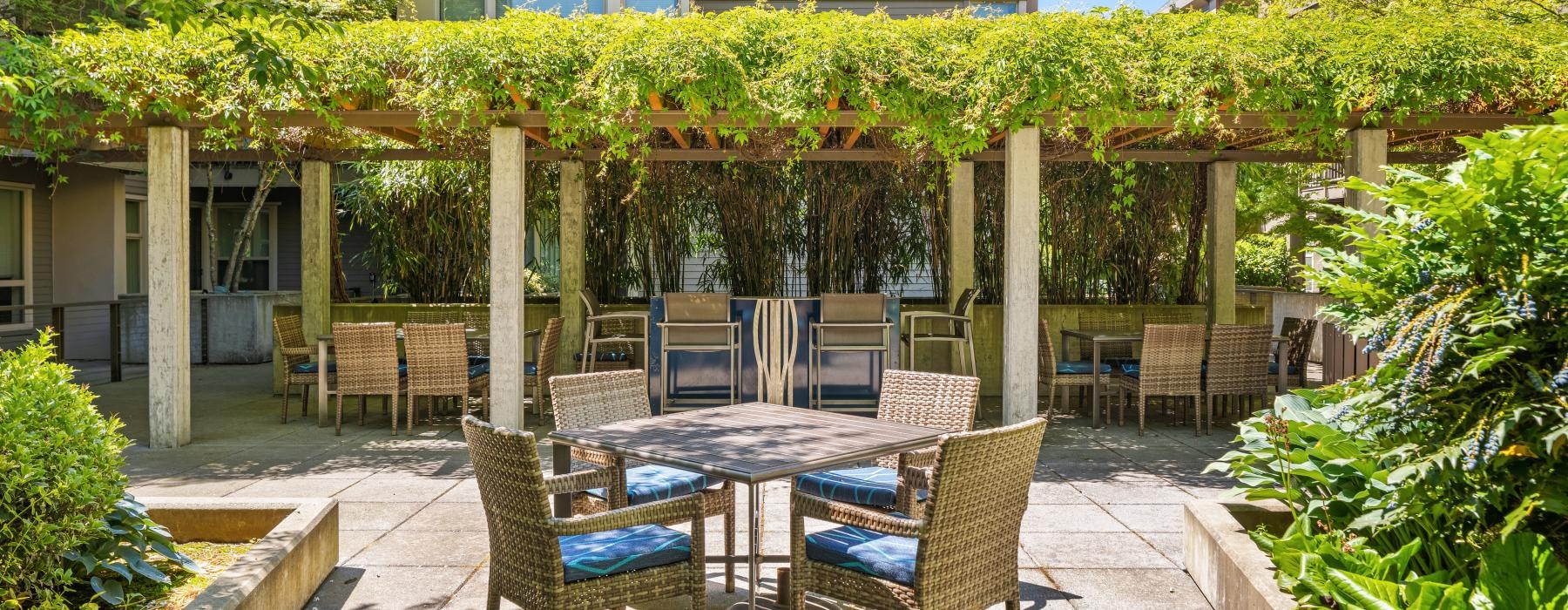 a patio with tables and chairs