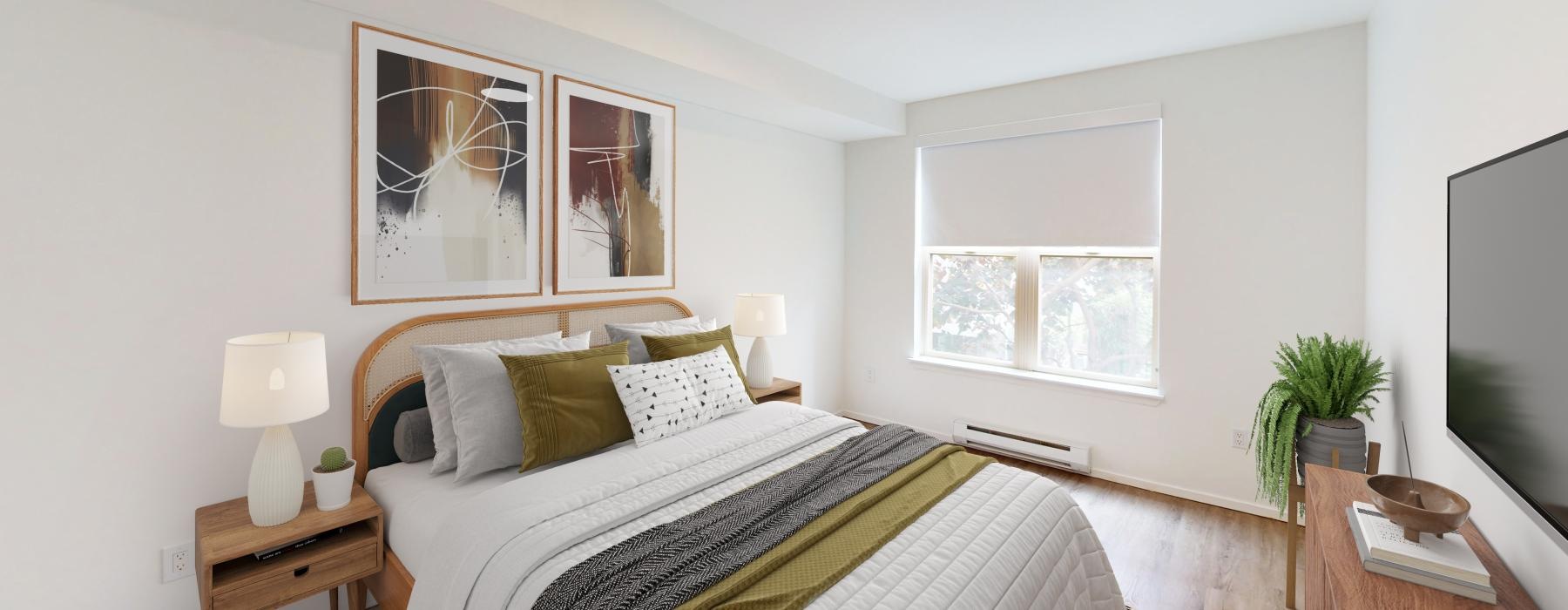 a bedroom with a bed and a desk